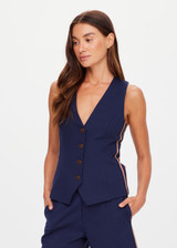 THE UPSIDE women's navy Toledo Greer Vest Top features tan knitted tape down sides, an adjustable waistbelt with buckle and tortoiseshell buttons. Made for lifestyle.