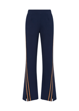 THE UPSIDE women's navy Toledo Petra Flare Pant features tan knitted tape down sides, an elasticated waistband, side pockets and splits at hem. Made for everyday wear.
