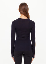 THE UPSIDE women's black Merino Wool Long Sleeve Top is designed for a slim fit and features a crew neck with mocha stripe down sleeve. Made for lifestyle.