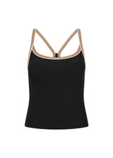 THE UPSIDE women's black recycled rib Rhythm Caleb Tank Top features a shelf bra with removable cups and cream and mocha binds along neckline. Made for yoga & pilates.