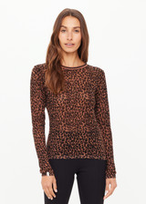 THE UPSIDE women's leopard linen Ludlow Ada Long Sleeve Knit is a regular fit, lightweight crew neck featuring a stripped rib neckline. Made for everyday wear.