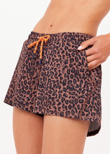 THE UPSIDE women's leopard recycled Ludlow Billie Run Short offers a mid-rise fit, designed with side seam pockets and an orange drawcord with rubber dipped ends. Made for running.