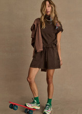 THE UPSIDE women's brown recycled Soho Dolci Short features a high-rise with a wide leg design, a drawstring waistband and front pockets in side seam. Made for lifestyle.