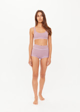 THE UPSIDE women's stripe jacquard Miami Scoop Neck Jasmine Bra features a low scooped neckline in a lilac and chocolate striped design, with removable cups. Made for swim.
