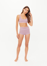 THE UPSIDE women's stripe jacquard Miami Fox Bikini Shortie is a mid-rise, fully lined bikini short in a lilac and chocolate striped design. Made for swim.