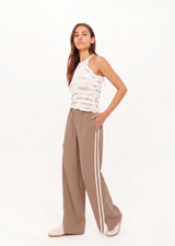 THE UPSIDE women's brown Juliet Pant features a lightweight,  low-rise design with an elasticated waist band, side seam pockets and cream contrast binds. Made for everyday wear.