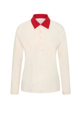 THE UPSIDE women's cream cotton Noosa Calling Collared Top is a relaxed long sleeve top in a soft brushed recycled fabrication with contrast red at the neck. Made for lifestyle.