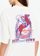 THE UPSIDE women's cream organic cotton Big Beach Tee is an oversized crew neck tee with a ribbed neckline and "dust yourself down" horseshoe artwork printed at back. Made for lifestyle.