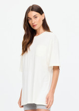 THE UPSIDE women's cream organic cotton Big Beach Tee is an oversized crew neck tee with a ribbed neckline and "dust yourself down" horseshoe artwork printed at back. Made for lifestyle.
