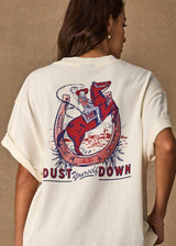 THE UPSIDE women's cream organic cotton Big Beach Tee is an oversized crew neck tee with a ribbed neckline and "dust yourself down" horseshoe artwork printed at back. Made for lifestyle.