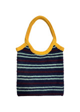 THE UPSIDE women’s stripe organic cotton Cabana Jana Crochet Tote is handmade in a striped navy, mint and burgundy design with yellow detail. Made for lifestyle.
