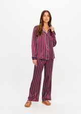 THE UPSIDE women’s stripe 100% silk Capela Billy Silk Shirt is a relaxed fit long sleeve button up and features a collar, button cuffs and stripe satin finish. Made for lifestyle.