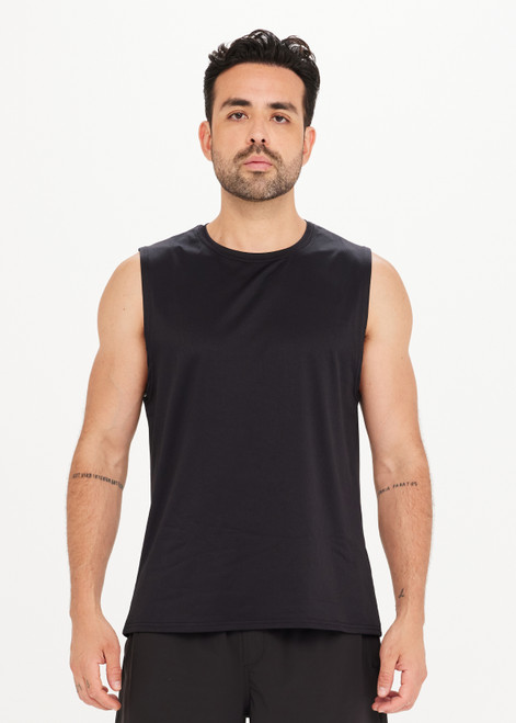 THE UPSIDE mens Quick Dry Keanu Muscle Tank in Black is a slim fit muscle tank made from a recycled dri release fabrication that is sweat wicking and quick drying.