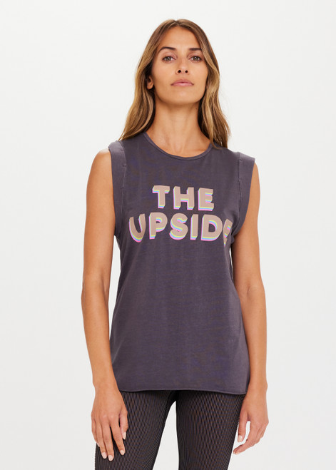 THE UPSIDE Muscle Tank in Washed Black is a sustainable organic cotton sleeveless muscle tank with a printed colour block logo.
