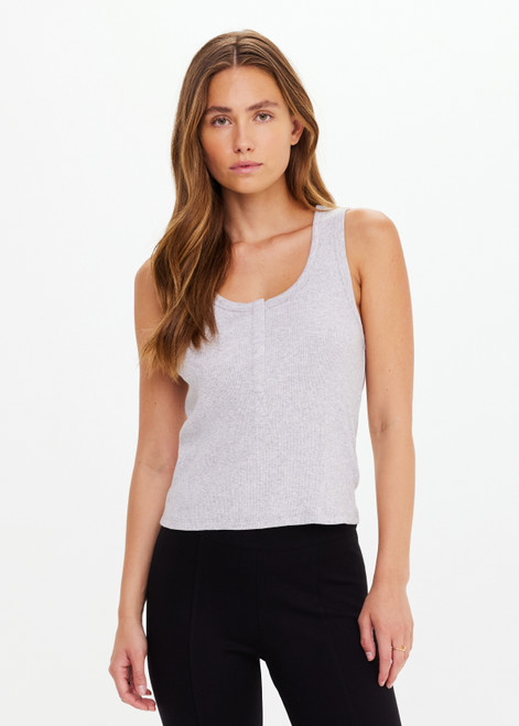 THE UPSIDE women's grey organic cotton Sapna Rib Tank Top is a true-to-size fit and features a scoop neckline with placket opening at front with buttons. Perfect for everyday.