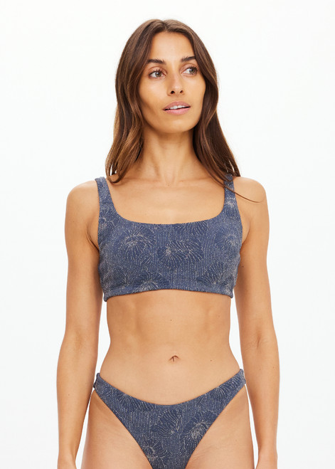 THE UPSIDE women's navy jacquard Secretos Bridie Bra offers a soft & supportive fit and features a scooped square neckline with removable cups. Designed for yoga & pilates.