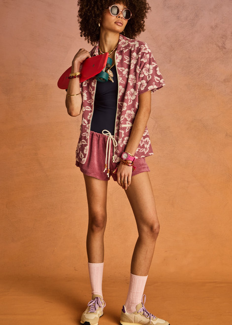 THE UPSIDE women's pink terry towelling Cocos Lucie Drawstring Short has a low-rise cheeky fit with a soft elasticated waistband with a drawcord. Perfect for holiday.