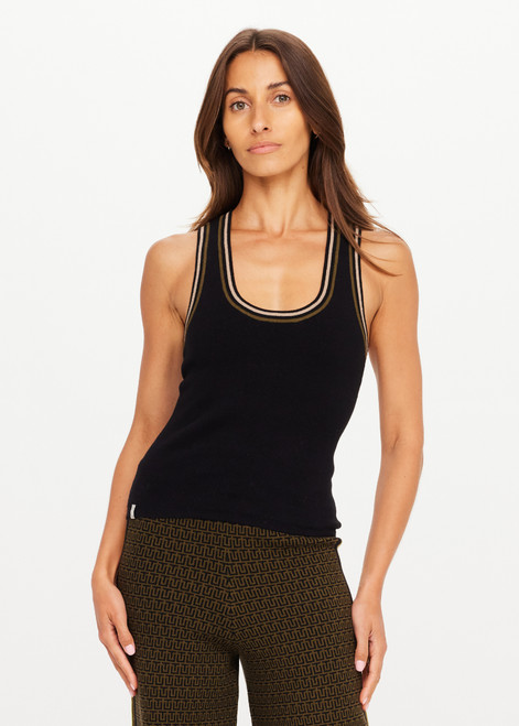THE UPSIDE women's black organic cotton Paige Racerback Knit Tank is designed for a slim fit and features a low scoop neck with stripe rib on neckline and armholes. Made for lifestyle.