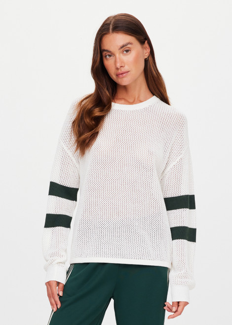 THE UPSIDE women's cream organic cotton Fenway Sebastian Crew offers a relaxed fit and features The Upside logo knit detail on back in green. Made for lifestyle.