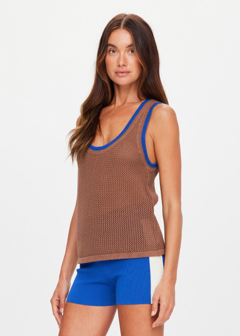 THE UPSIDE women's brown organic cotton Avalon Wales Knit Tank Top is a basketball style tank with a ribbed neckline and armholes in contrast blue, with open knit construction. Made for lifestyle.