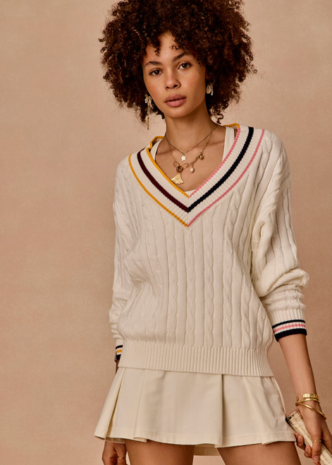THE UPSIDE women’s cream 100% organic cotton Josette V Neck Knit Sweater is a regular fit cable knit and features a striped rib neckline and cuffs with contrast colour detailing. Made for lifestyle.
