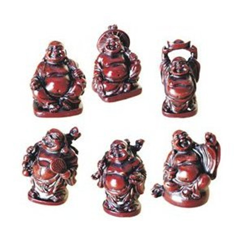 Set of 6 Lucky Laughing Buddha Statue Rosewood Color