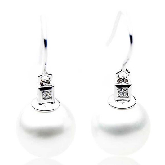 SE087 (AAA 13mm Australian South Sea Pearl Earrings Diamonds 18k White Gold) Pearl Earrings Pacific Pearls