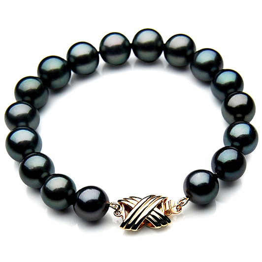 TB036 (AAA 11-13 mm Tahitian Black Pearl Bracelet 18k Yellow gold clasp 21cm )