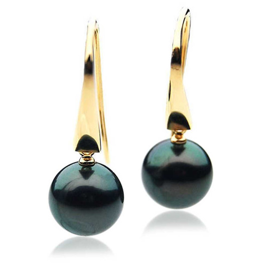 TE000f (AAA 10mm Tahitian Black Pearls In Heavy 18k Yellow Gold ) Pearl Earrings Pacific Pearls