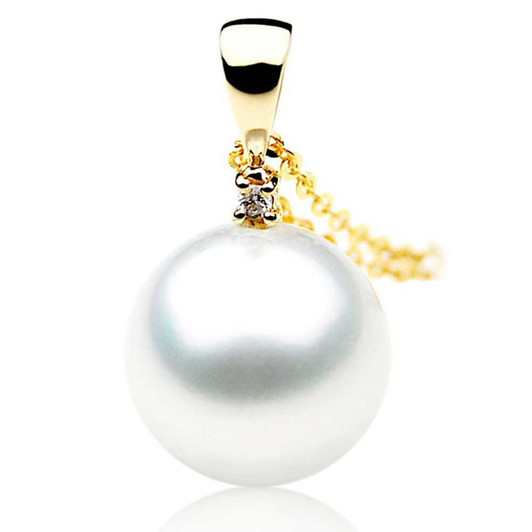 SP030 (AAA 12mm Australian South Sea pearl Pendant Diamonds 18k Yellow Gold ) Pearl Pendants Pacific Pearls