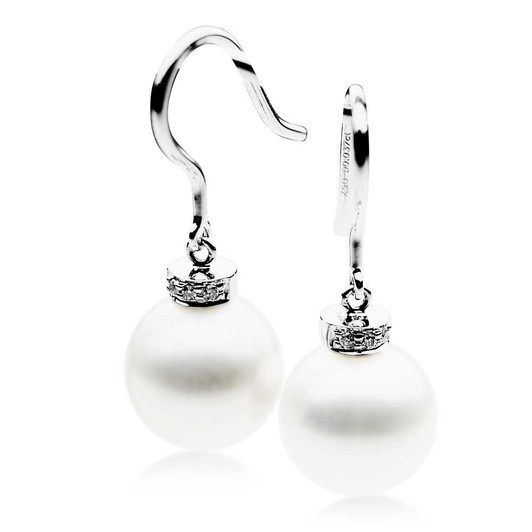 FE029 (AAA 11mm White Freshwater Cultured Pearl Earrings White Gold And Diamonds) Pearl Earrings Pacific Pearls