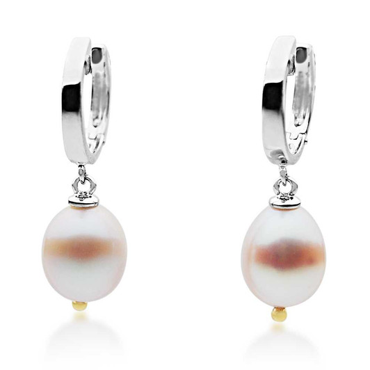 FEG13 (Drop 10x8 mm AAA Pink Freshwater Cultured Pearl Earrings Set in Silver With 18k (750) Yellow Gold) Pearl Earrings Pacific Pearls