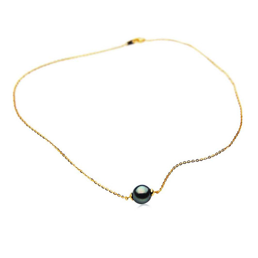 TN2 (AAA 10mm Tahitian Black Pearl Necklace 18k Yellow Gold Plated on Italy Silver Chain ) Pearl Necklaces Pacific Pearls