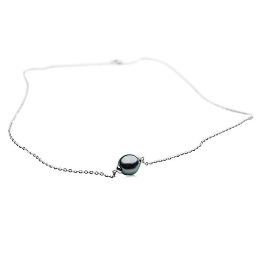 TN3 (AA+ 9 mm Silver Grey Tahitian Pearl Necklace 18k White Gold Plated On Italy Silver Chain) Pearl Necklaces Pacific Pearls