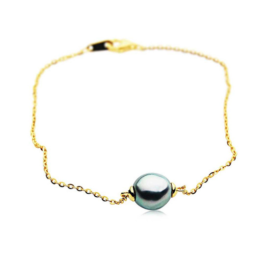 TB4 (AA+ 9mm Tahitian Black Pearl Bracelet 18k Yellow Gold Plated on Italy Silver Chain ) Pearl Bracelets Pacific Pearls