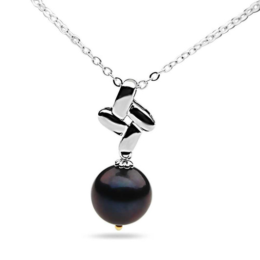 FP06C (AAA 12mm Black Freshwater Cultured Pearl Pendant in Silver and 18K Yellow Gold Points ) Pearl Pendants Pacific Pearls