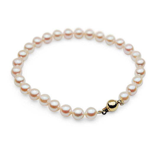 AB037 (AAA 6-6.5 mm White Japanese Akoya Saltwater Pearl Bracelet with 14K Yellow Gold clasp, 8" long ) Pearl Bracelets Pacific Pearls