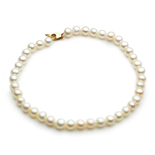 FB025 (AAA 5 mm White Freshwater Pearl Bracelet 9k Yellow gold clasp, 8" long ) Pearl Bracelets Pacific Pearls