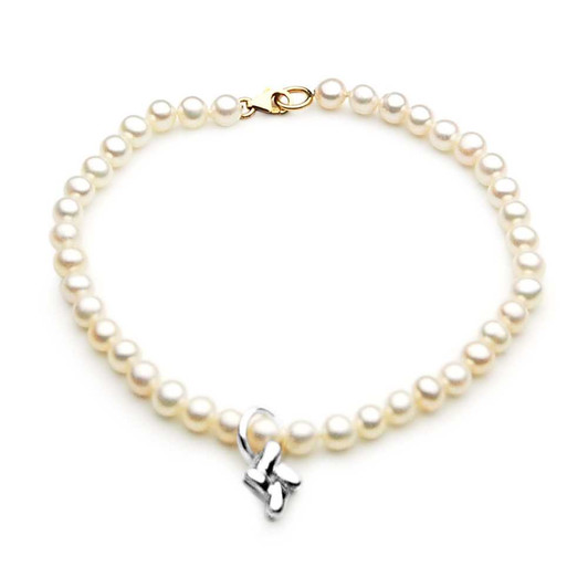 FB028 (AAA 5 mm White Freshwater Pearl Bracelet 9k Yellow gold clasp with pendant charm ) Pearl Bracelets Pacific Pearls