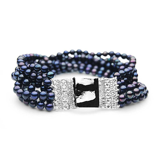 FB019-B (AAA 5 mm Multi-Strand Black Freshwater Pearl Bracelet w/ Heavy Silver Clasp & Pendant Charm ) Pearl Bracelets Pacific Pearls
