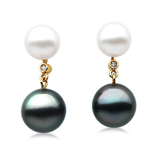 AE2JT ( AAA 8 mm White Japanese Akoya Saltwater Pearl & 11mm Tahitian Black Pearl Earrings Set in 18k Yellow Gold ) Pearl Earrings Pacific Pearls