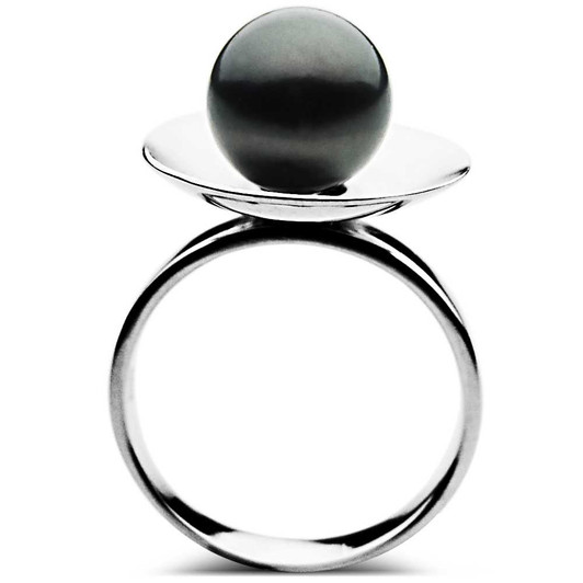 TR007S ( Perfect Round AAA 11 mm Tahitian Black Pearl Ring in Heavy Silver )