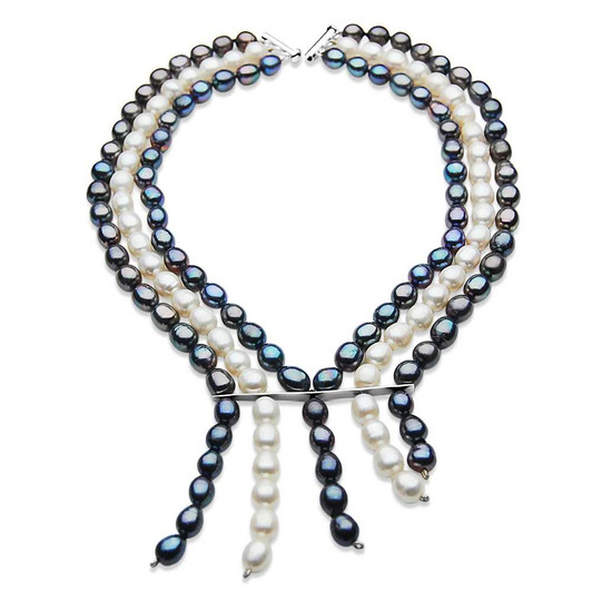 FN060 ( Three Strands 9-11mm AAA Quality White And Black Drop Freshwater Cultured Pearl Necklace ) 30% Off selected items only Pacific Pearls