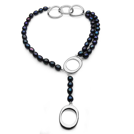 FN061 ( 9-11mm AAA Black Drop Freshwater Cultured Pearl Necklace With Large Silver Rings Clasp & Oval Pendants ) 30% Off selected items only Pacific Pearls