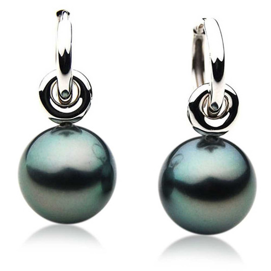 TE011a (AAA 11mm Tahitian Black Pearl Earrings In Very Heavy 18k White Gold )