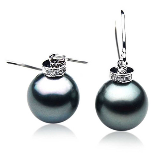 TE003c (AAA 10mm Tahitian Black Pearl Earrings Diamonds 18k White Gold ) Pearl Earrings Pacific Pearls