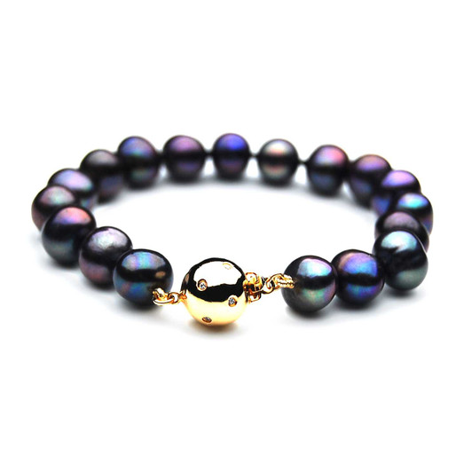 FB06L ( Large Size 9-10 mm AA Quality Black Freshwater Cultured Pearl bracelet with 18k Gold Plated On Silver Clasp With CZ Stones ) 30% Off selected items only Pacific Pearls