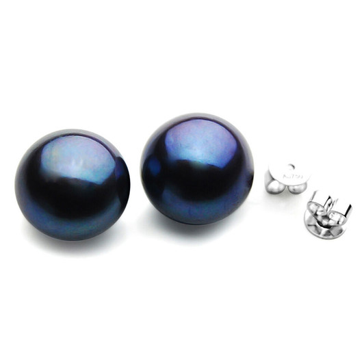 FE007 (AA+ 11mm Black Freshwater Cultured Pearl Earrings 18K White Gold)