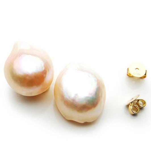 FE008f ( 15mm Pink Freshwater Cultured Pearl In 18K Gold) Pearl Earrings Pacific Pearls