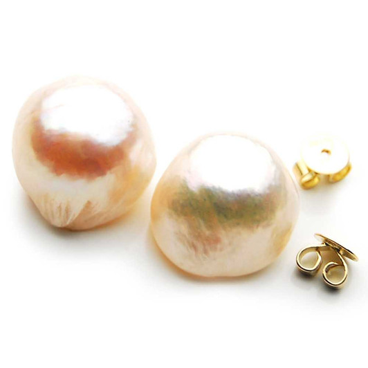 FE008d ( 13mm Pink Freshwater Cultured Pearl In 18K Gold) Pearl Earrings Pacific Pearls